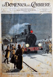 Arrival of new century, people welcoming in new century with joy, illustration by Achille Beltrame, from La Domenica del Corriere, January 6