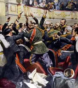 Assassination attempt on the Russian minister Stolypin at the municipal theater of Kiev. Illustration by Beltrame by Achille Beltrame