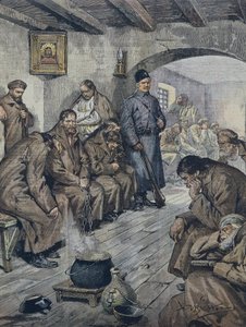 Russian prisoners on hunger strike for the freedom of their fellow tubercular. Illustration by A. Beltrame, La Domenica of Corriere, June 19 by Achille Beltrame