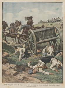 Artillery horses run wild and flee with a train cart near Palermo, trampling