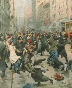 Women protesting against unemployment in street; New York, USA by Achille Beltrame