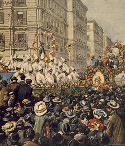 Crowds during carnival in Naples, by Achille Beltrame, illustration, from La Domenica del Corriere, 31st January 1904 by Achille Beltrame