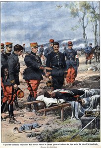 Episode of the war of 1914: General Noel Edouard de Curieres de Castelnau (1851-1944), commander of the French army in Lorraine, swears to the body of his dead son to avenge him. Illustration by Achille Beltrame in La Domenica del Corriere by Achille Beltrame