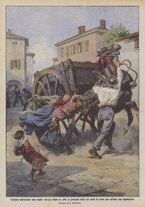 Unfortunate Heroism, a Mother with a Child in Her Arms Throws Herself Under a Moving Cart to Save a Little Girl