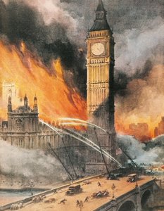 Fire at Westminster Palace, London, after German bombing, illustration from 