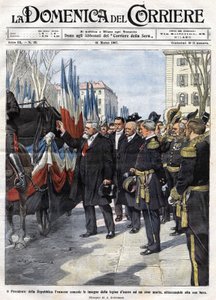 French President Armand Fallieres (1841 - 1931) presents the medal of the Legion of Honour to a hero who died in battle. Illustration by Beltrame. La Domenica del Corriere. 31/03/1907 by Achille Beltrame