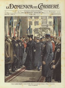 The Sovereigns pass in front of the Italian veterans lined up in the pronaos of the Pantheon in Rome on the 14th by Achille Beltrame