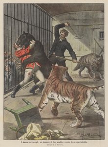 The dramas of the menageries, a wild animal tamer attacked and killed by an enraged bear