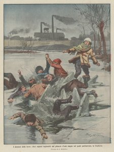 The Dramas of the Earth, Ten Boys Swallowed by the Ice of a Pond They Were Skating On in Hungary by Achille Beltrame