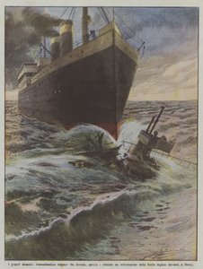 The great disasters, German ocean liner that hits, breaks and sinks a submarine by Achille Beltrame