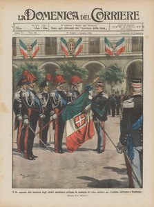 The King attaches the military valor medal to the flag of the Carabinieri cadets, in Rome