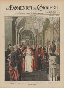 Pope Pius X solemnly inaugurates the new Vatican art gallery, the procession in the hall of the three hundred