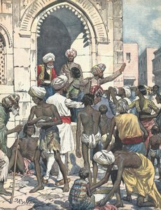 India. Drought causes epidemics. Food distribution. Illustrated by Antonio Beltrame. La domenica del Corriere. February 26th by Achille Beltrame