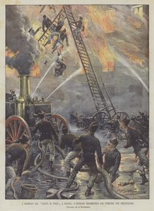 The Fire of the Banco di Pietà in Naples, The Dramatic Episode of the Firefighters Falling by Achille Beltrame