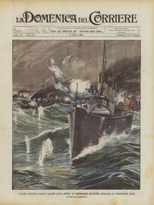 The Last Naval Battle in Front of Port Arthur, Japanese Torpedo Boats Attack Russian Torpedo Boats by Achille Beltrame