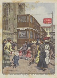 Spring in Milan, the Crowd Storms the Monza Trams to Spend Sunday in the Countryside by Achille Beltrame