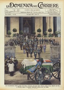 The blessing of the body of the Duke of Aosta in front of the Church of the Great Mother of God in Turin by Achille Beltrame