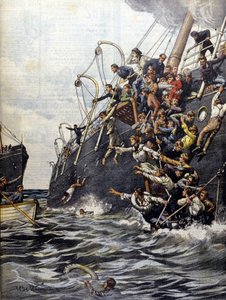 The catastrophe of the Liban: passengers jump into the sea after the collision with another ship off Marseille. Illustration by Beltrame. La Domenica del corriere. 1903 by Achille Beltrame