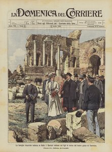 The German imperial family in Italy, the Sovereigns visit the ruins of the Greek theater in Taormina with their children