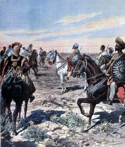 Captain Mozzetti in the camp of Ras Makonnen in Ethiopia. Illustration by Beltrame. La Domenica del corriere. 1899 by Achille Beltrame