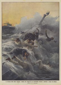 Misfortunes of the French fleet, wave sweeps officers and sailors from a submarine, drowning five