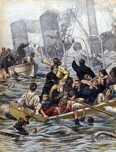 Maritime dramas: the shipwreck of the Wallawalla liner loaded with gold prospectors from the Klondike. Illustration by Beltrame. La Domenica del Corriere. 1902 by Achille Beltrame