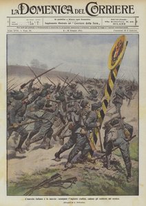 The Italian army is on the march, the unjust border disappears, the enemy emblems fall by Achille Beltrame