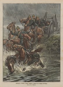 Storm in Berlin, horses, artillerymen, and cannons drowning in the mud