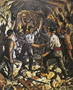Opening of first stretch of Simplon Rail Tunnel between Arona and Meina, illustration by Achille Beltrame, from La Domenica del Corriere, 25th October 1903