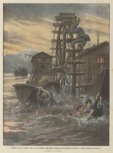 Workers Overwhelmed by the Wheels of a Mill on the Adige While Crossing the River in a Boat on Their Way to Work
