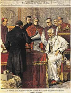 Pope Leone XIII reading Benediction into gramophone by Achille Beltrame