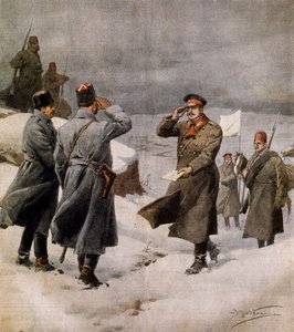 Resumption of war, Turkish parliamentarian arriving in Bulgarian camp bearing message announcing end of Armistice, illustration from La Domenica del Corriere, February 9