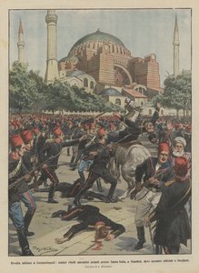 Military revolt in Constantinople, rebel soldiers gathered armed near Hagia Sophia, in Stambul