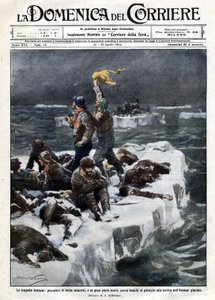 Seal fishermen, some of whom died, remained stranded on the ocean drifting ice. Illustration by Beltrame. La Domenica del Corriere. 12-19/04/1914. by Achille Beltrame
