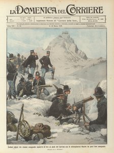 Alpine soldiers conducting shooting maneuvers at the foot of the Matterhorn with machine guns