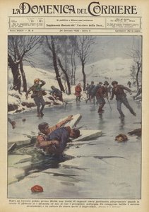 Above a Frozen Stream Near Biella, a Group of Boys Were Happily Skating by Achille Beltrame