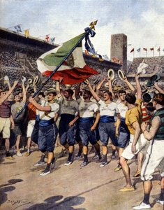 The 1912 Stockholm Olympic Games: the winning Italian gymnastics team. Illustration by A. Beltrame. La Domenica del Corriere by Achille Beltrame