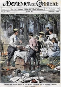 The President of the United States Theodore Roosevelt (1858-1919) taught his sons the duties of a man of good society by cutting off his leg during a picnic in his second residence in Oyster Bay. Illustration by Achille Beltrame. La Domenica del Corriere by Achille Beltrame