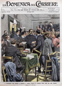 The arrival of Maxim Gorki in the meeting room at the Congress in London after the revolution of 1905 in Russia. Cover of La Domenica del Corriere from 26/05/1907.