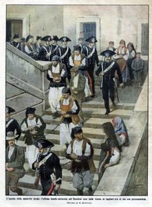 The Last Gang of Sardinian Criminals Leaving the Assize Court in Cagliari Where the Trial Takes Place. Illustration by Beltrame. La Domenica del Corriere. 07/1913 by Achille Beltrame
