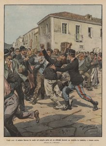 Humble Heroes, Soldier Barone Shields an Officer with His Own Chest During a Riot by Achille Beltrame