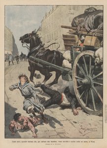 Humble heroes, Italian worker who, to save two girls, is run over and killed under a cart, in Nice by Achille Beltrame