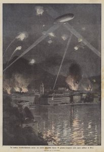A daring aerial bombardment, our airship drops 40 grenade-torpedoes on the military works of Riva