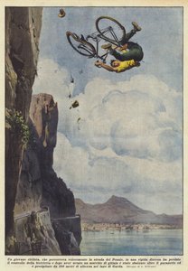 A Young Cyclist, Speeding Down the Ponale Road on a Steep Descent by Achille Beltrame