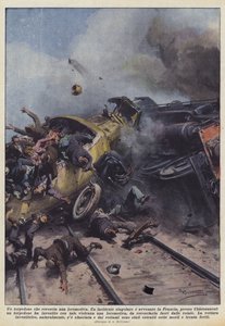 A bus overturns a locomotive