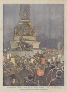 A Demonstration in Trento, The Popular Procession in Front of the Monument to Dante, on the Evening of the 11th by Achille Beltrame