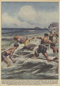 A beautiful American lady, who was at the baths on the coast of California, was enveloped by Achille Beltrame
