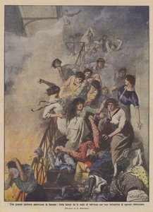 A large American tailor shop on fire, fierce struggle on the escape stairs with about seventy people