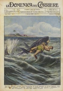 A Desperate and Terrible Struggle Against a Shark Was Fought by a Young Swimmer... by Achille Beltrame
