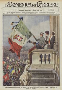 An unforgettable scene, at the hour of trial, the King, from the Quirinale, waves the tricolor and shouts Long live Italy! by Achille Beltrame